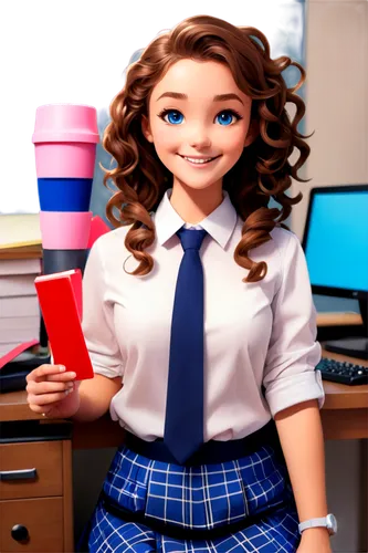 Cartoon-style 2D anime girl, bright blue eyes, curly brown hair, smiling face, white shirt with blue tie, plaid skirt, sitting at desk, holding blender, colorful stationery scattered around, warm ligh