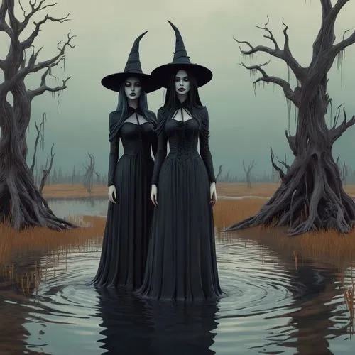 a couple of witches that are standing in the water, inspired by Brooke Shaden, tumblr, romanticism, eery dead swamp setting, recusion beeple, scary creatures in background, the witch conjure,norns,sor