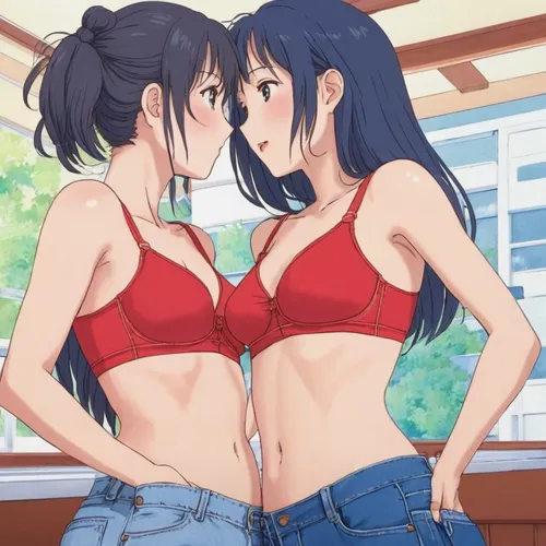 red and blue,summer clothing,two girls,motorboats,烧乳鸽,jinrikisha,torii,jean shorts,azusa nakano k-on,himuto,hiyayakko,motorboat,hands holding,strawberries,red summer,red-blue,strawberry,jeans background,hand in hand,summer background,Conceptual Art,Daily,Daily 27