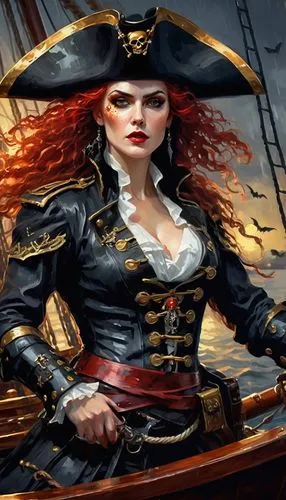 A vampire pirate woman on her ship with wet, curly red hair and golden eyes. The ship is black and ominous, with bats flying around it under the moonlight. She wears a black pirate hat and a war armor