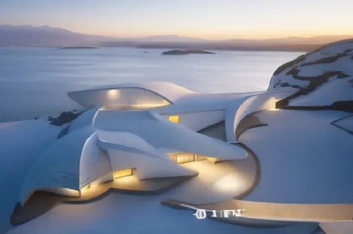 an architectural building lit up at night on the shore,cube stilt houses,snowhotel,snow roof,snohetta,bjarke,futuristic architecture