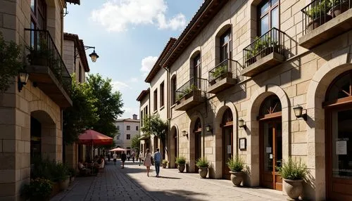 Rustic market square, vintage street lamps, ornate ironwork, distressed stone walls, curved balconies, wooden shutters, flower-filled window boxes, soft warm lighting, shallow depth of field, 3/4 comp