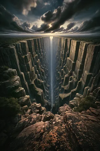 chasm,crevasse,parallel worlds,wasserfall,virtual landscape,heaven gate,tower fall,parallel world,basalt columns,descent,the pillar of light,photomanipulation,aerial landscape,heavenly ladder,geologic