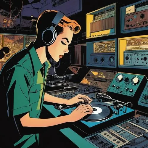 audio engineer,disc jockey,telephone operator,mixing engineer,disk jockey,fifties records,sound engineer,switchboard operator,women in technology,audiophile,vintage illustration,music producer,dj,stereophonic sound,electronic music,flight engineer,record store,vinyl records,retro 1950's clip art,the record machine,Illustration,American Style,American Style 09