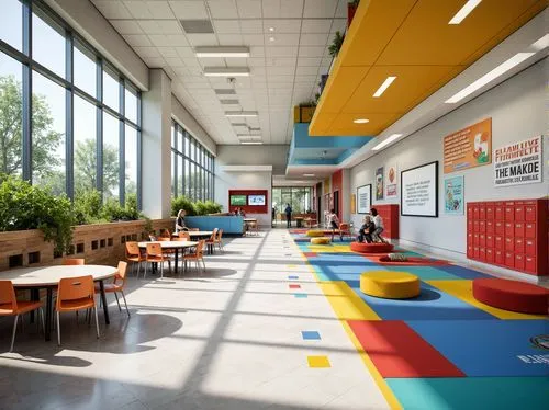 Vibrant elementary school, colorful classrooms, stimulating learning environment, interactive whiteboards, playful furniture, ergonomic chairs, collaborative desks, inspirational quotes, motivational 