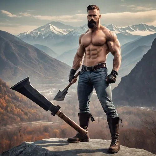 lumberjack,barbarian,lumberjack pattern,roofer,dane axe,gardener,axe,woodsman,mountaineer,construction worker,ironworker,a carpenter,tradesman,brawny,handyman,builder,mountain guide,bricklayer,power tool,blacksmith,Art,Artistic Painting,Artistic Painting 44