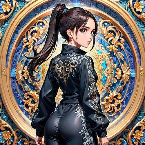 gentiana,ornate,hong,bolero jacket,mukimono,xiangwei,kim,bodysuit,embellished,pantsuit,sari,baroque,dragon li,siu mei,black suit,atala,phuquy,velvet,elegant,portrait background,Anime,Anime,General