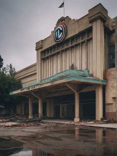 marvel dc studios building destroyed and abandoned, south buena vista street, burbank, california, june gloom, overcast, urbex, art deco post apocalyptic dystopic disneyland style

,old cinema,movie p