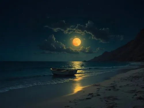 a boat sitting in the water under a full moon,moonlit night,moonlit,moonlight,full moon,dark beach,moondance