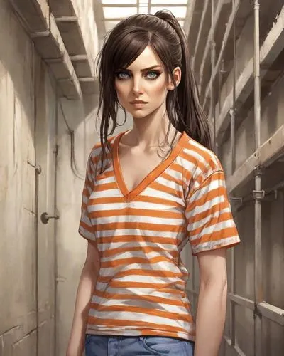 girl in t-shirt,lori,prisoner,croft,prison,isolated t-shirt,detention,in a shirt,clementine,nora,lara,lis,polo shirt,tee,torn shirt,chainlink,piper,cotton top,tshirt,liberty cotton,Digital Art,Comic