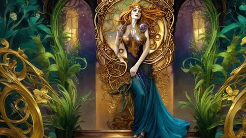 sorceress,priestess,blue enchantress,dryad,art nouveau,harp player,fantasy art,harp with flowers,harpist,the enchantress,art nouveau design,art nouveau frame,celtic harp,celtic queen,gold foil mermaid,fantasy picture,flora abstract scrolls,faerie,decorative figure,art nouveau frames