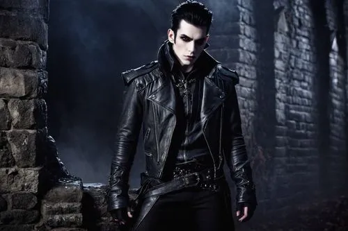 Dark elf, vampire, male, slender build, pale skin, pointed ears, sharp facial features, piercing red eyes, fangs, black hair, messy styling, dark eyeliner, bold eyebrows, leather jacket, ripped pants,