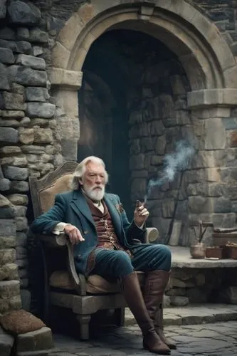 a man sitting on a chair smoking and looking to the side,slughorn,maester,pipe smoking,tywin,emrys,mckellan