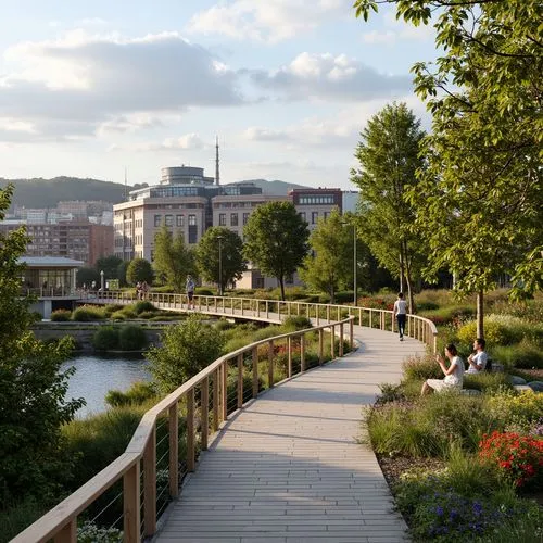 Curved pedestrian bridge, lush greenery, vibrant flowers, natural stone walkways, wooden railings, modern architecture, sleek metal structures, glass floors, scenic city views, bustling urban atmosphe