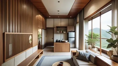 This design shows the living room and kitchenette in the spring Japanese style Japanese style and Puli culture suite. It is mainly decorated with walnut wood and milk tea tones, creating a warm, quiet