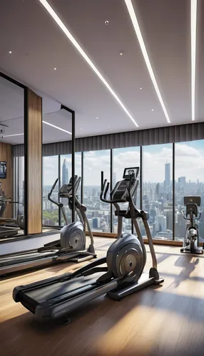 The multi-storey gym features the latest equipment / Moinian Group,fitness room,fitness center,exercise equipment,workout equipment,indoor cycling,exercise machine,indoor rower,elliptical trainer,leis