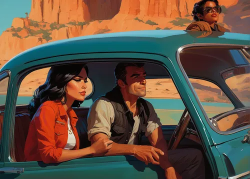 travel poster,travel trailer poster,desert safari,willys-overland jeepster,detail shot,route 66,route66,renault 4,albuquerque,austin fx4,caravan,southwestern,travelers,fiat 600,retro vehicle,radiator springs racers,digital nomads,retro car,road trip,vintage illustration,Conceptual Art,Oil color,Oil Color 04