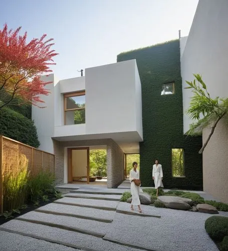 As you walk down the serene garden, you hear the soft hum of blooming flowers overhead, and they chime with an otherworldly energy. The exterior of the house is minimalist, complete with a wooden entr