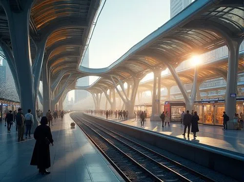 Futuristic train station, dynamic curved lines, gleaming metallic surfaces, transparent glass roofs, cantilevered canopies, LED lighting systems, modern minimalist architecture, sleek angular columns,