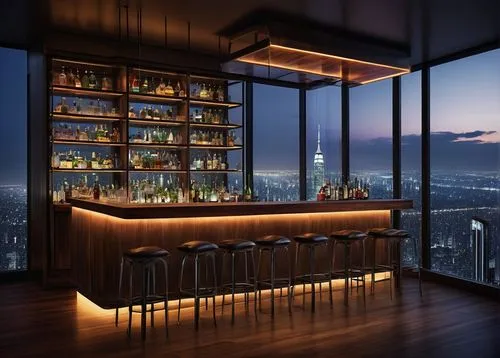 Modern bar, luxurious interior, dimmed atmosphere, warm wooden counter, sleek metal stools, glass shelves, bottles of various liquor, LED lights underneath, futuristic ambiance, urban cityscape, night