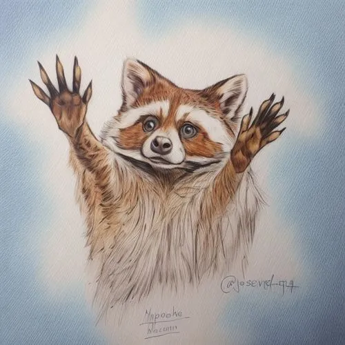 red panda,watercolour fox,rocket raccoon,vulpes vulpes,waving hello,mustelidae,north american raccoon,waving,coatimundi,paw,a fox,mustelid,adorable fox,colored pencil background,raccoon,high five,fox,