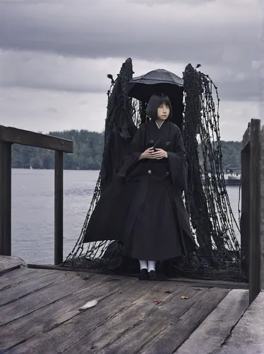 little girl with umbrella,little girl in wind,the japanese doll,black landscape,overskirt,sayama lake,japanese umbrella,black coat,japanese doll,girl in a historic way,crow queen,the sea maid,cosplay image,photographing children,rain suit,girl on the boat,asian costume,conceptual photography,raincoat,anime japanese clothing,Photography,Black and white photography,Black and White Photography 03