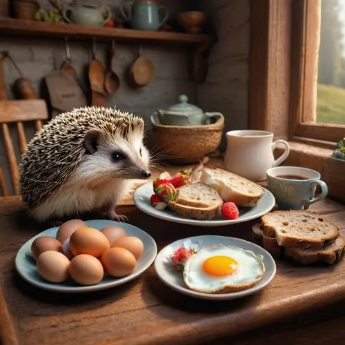 Hedgehog in Beatrice Potter style is having breakfast in her cosy cottage, she sits a her table, eggs, bread and fruits in front of her, she's holding a hot cup of coffee, behind her are the words "Go