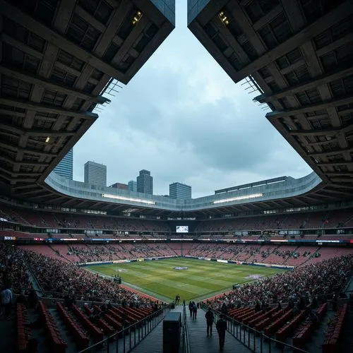 Rugged football stadium, brutalist architecture, exposed concrete structures, raw steel beams, bold angular lines, monumental scale, imposing grandstand, tiered seating, vibrant team colors, floodligh