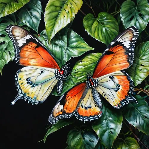 Stunning watercolor painting of two tropical species of diurnal butterflies on canvas. The work features precise anatomical accuracy, excellent pen and ink work, embodying a high-quality, award-winnin