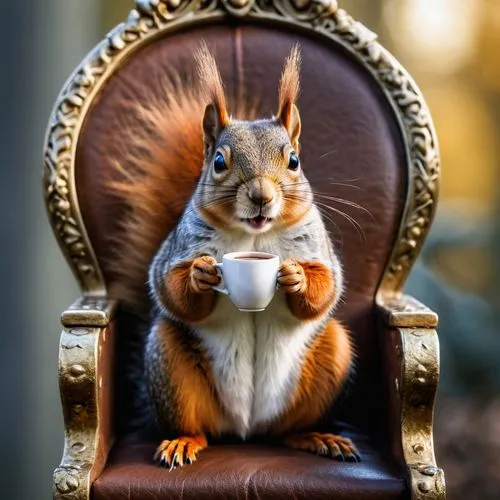 Squirrel sitting on a throne, drinking coffee, crown,relaxed squirrel,chilling squirrel,red squirrel,squirell,atlas squirrel,squirrel,the squirrel,douglas' squirrel,eurasian red squirrel,eurasian squi