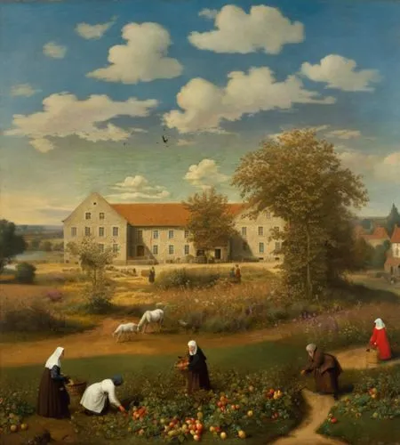 (view from above as in the paintings of Pieter Bruegel, small figures of Catholic nuns in Breton bonnets and kerchiefs, light brown robes and dark brown dresses are picking apples, nearby are small gr