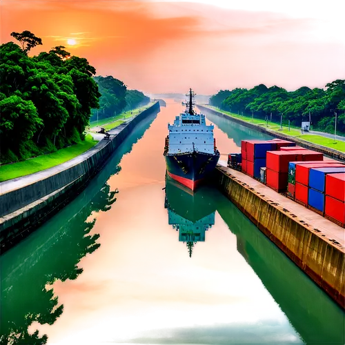 container train,container vessel,north baltic canal,boat landscape,container ship,inland port,freight transport,shipping industry,a container ship,container port,boats and boating--equipment and supplies,canal tunnel,panamax,water transportation,freight trains,cargo port,floating production storage and offloading,container terminal,container cranes,barges,Art,Classical Oil Painting,Classical Oil Painting 42