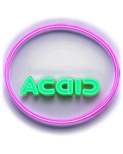 acid logo, abstract shape, glowing neon lights, metallic material, reflective surface, 3D rendering, futuristic design, vibrant pink and green colors, intricate details, bold typography, circular comp