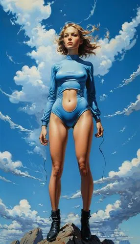 blue sky girl,world digital painting,sky,digital painting,high-wire artist,ronda,strong woman,female runner,blue sky clouds,women climber,sci fiction illustration,gigantic,blue sky and clouds,azure,bl