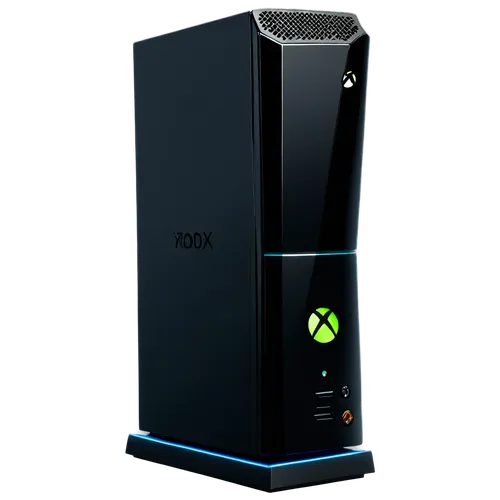 Xbox, gaming console, sleek design, black glossy surface, LED lights, vertical standing, angled shot, dynamic composition, high contrast lighting, realistic rendering, detailed textures, metallic mate