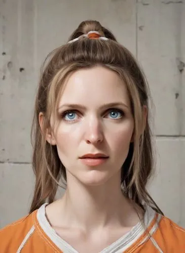 eleven,orange,ron mueck,portrait of a girl,pigtail,realdoll,bun,artificial hair integrations,young woman,head woman,girl portrait,woman face,angelica,lilian gish - female,portrait background,natural cosmetic,pippi longstocking,orange color,aperol,penny bun,Photography,Natural