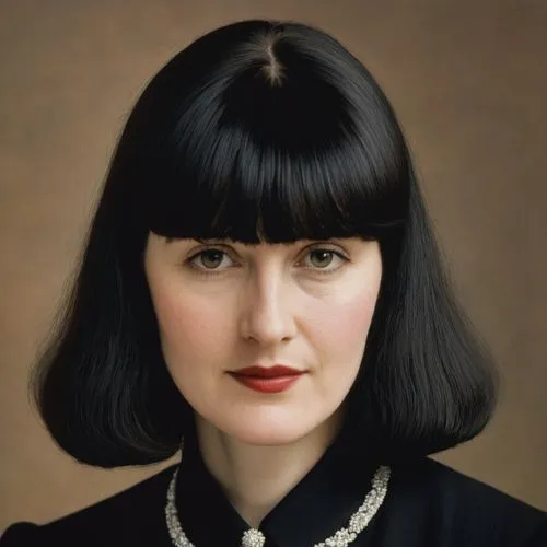 caucasian woman with bangs and long black hair dressed in formal wear ,an old pograph of a woman wearing black and white,moskvina,deschanel,portrait of christi,akhmatova,biryukova,nabiullina,Art,Artis