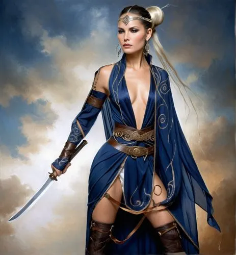 middle-aged woman warrior with short sword with long handle, thin translucent cloth dark blue intricate spiral pattern clothes and thigh high leather boots, long silky white flowing hair in a bun held