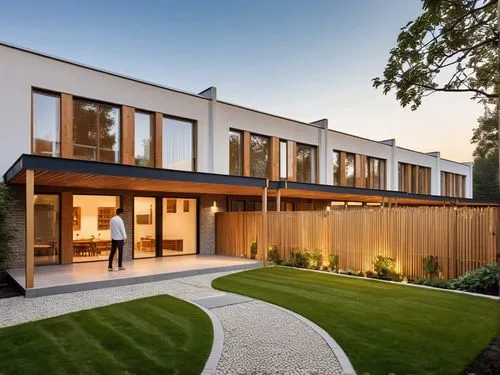 
modern house with elements of wood and stone, evening sun, lawn, paths, bushes, trees, landscaping,landscape design sydney,modern house,landscape designers sydney,garden design sydney,timber house,du