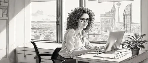 office line art,girl studying,office worker,city ​​portrait,illustrator,book illustration,freelance,illustrating,girl at the computer,in a working environment,working space,wacom,freelancer,workspaces,secretarial,work at home,telecommute,sketchup,busywork,freelancing,Illustration,Black and White,Black and White 30