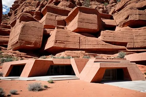 House concrete structure with geometric forms and dramatic shadows, I.M. Pei Modernism, Geometric in a canyon of red rock. Perspective view.
,cliff dwelling,anasazi,dunes house,kayenta,clay house,flam