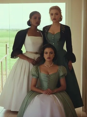 Grace Kelly, Aishwarya Rai and Scarlett Johansson in the Country.,three women in green dresses are standing together,countesses,gwtw,stepsisters,polygamists,maidservants,begums,Photography,Black and w