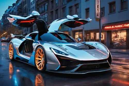 Futuristic sports car, shiny metallic silver, gull-wing doors, sleek aerodynamic design, glowing blue headlights, aggressive front grille, 20-inch alloy wheels, low-profile tires, dynamic spoiler, car