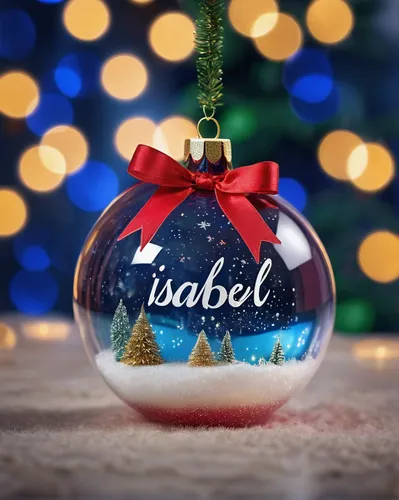 A beautiful glass Christmas ball with the name isabel with a background with beautiful hyper-realistic Christmas decorations,bauble,christmas tree bauble,christmas bauble,christmas baubles,christmas b