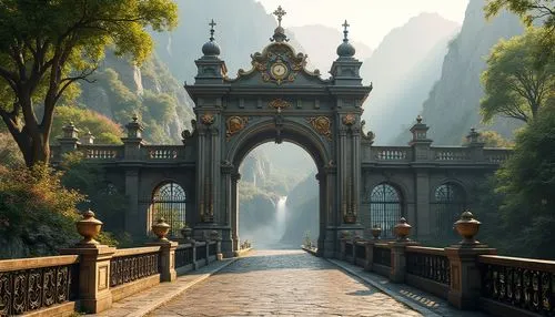 Ornate bridge, grand entrance, medieval-inspired architecture, intricate stone carvings, ornamental ironwork railings, golden accents, majestic arches, symmetrical composition, serene natural surround