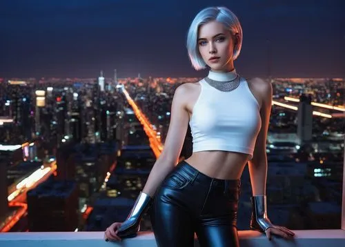 Sasha, Grey AI, futuristic, robotic, female, slender figure, short silver hair, piercing blue eyes, minimal makeup, silver necklace with a small crystal pendant, white crop top, high-waisted black jea