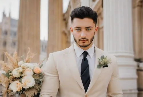 groom, velvet tuxedo jacket, Westminster royal wedding, bouquet, Canon EOS R3, f/1.4, ISO 200, 1/160s, 8K RAW, unedited, symmetrical balance, close-up, photo realistic, raw photo, highly detailed phot