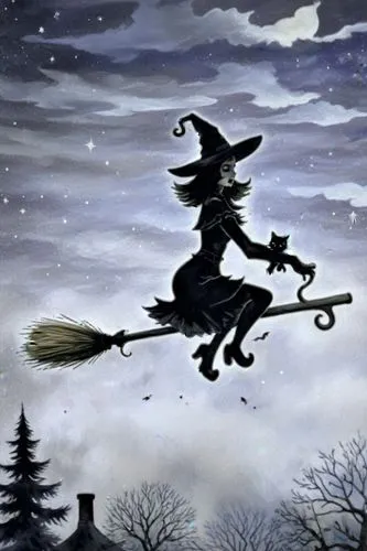 a drawing of a witch riding a broom with a cat,broomstick,witch driving a car,celebration of witches,befana,halloween witch,witches