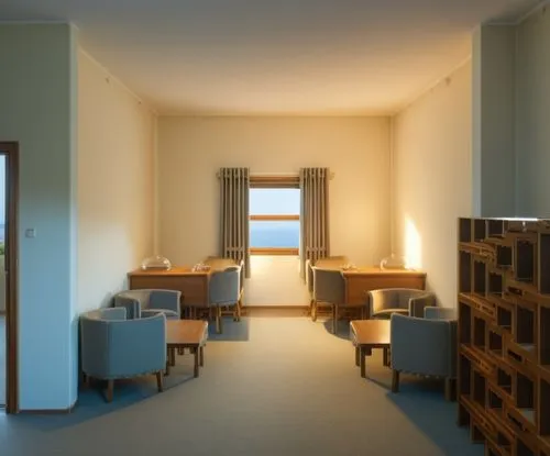 a room with chairs, a table and shelves,dormitory,examination room,computer room,dormitories,hotel hall,schrank,Photography,General,Realistic