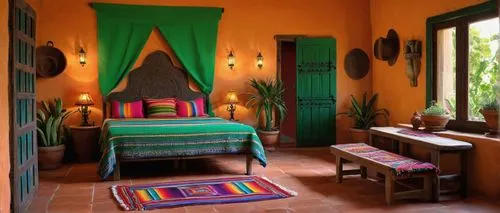 Mexican interior design bedroom, vibrant color scheme, rustic wooden furniture, ornate ironwork, terracotta floor tiles, woven textiles, colorful serape blankets, plush pillows, warm lighting, candles